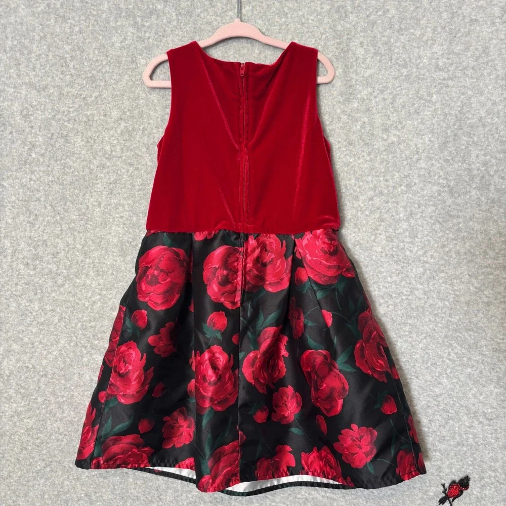Childrens Place Girl's 6 Formal Dress Red Velvet Floral Rose Holiday Party Dress